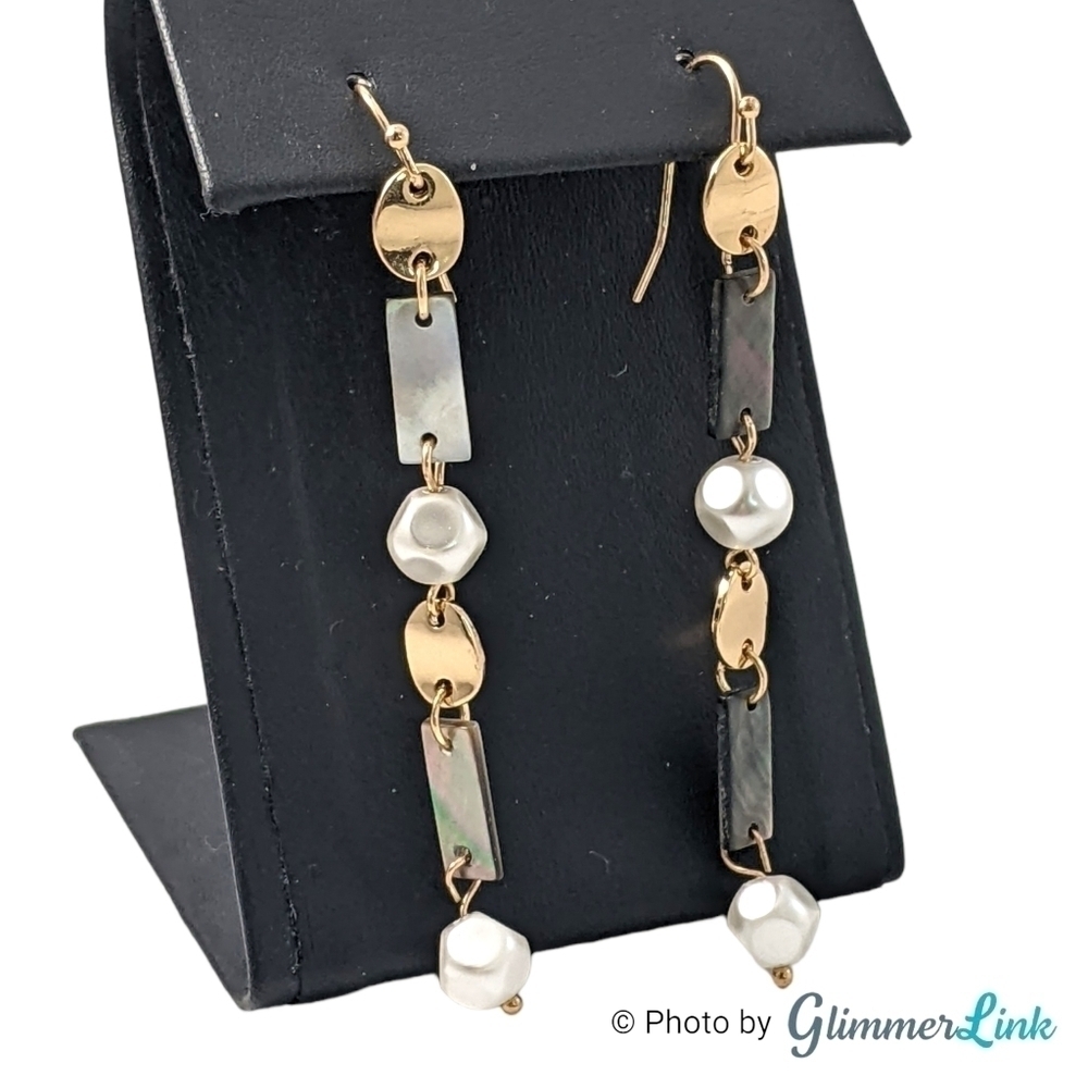Long Tiered Geometric Shell Faux Pearl Dangle Earrings